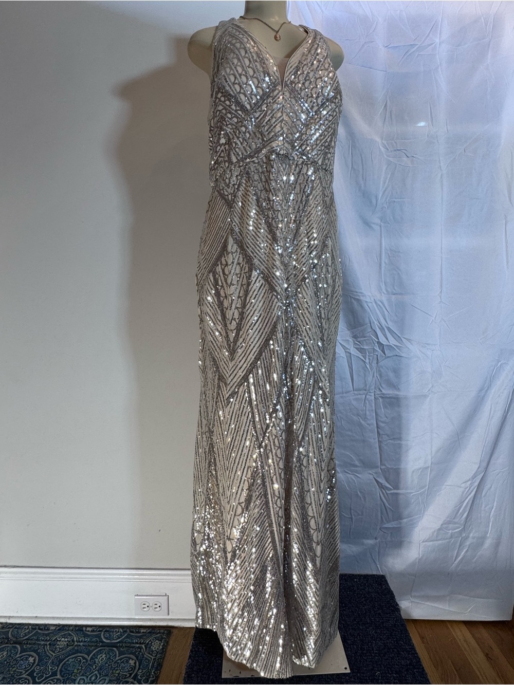 R & M Richards Silver/Gold Sequined V-Neck Evening Gown